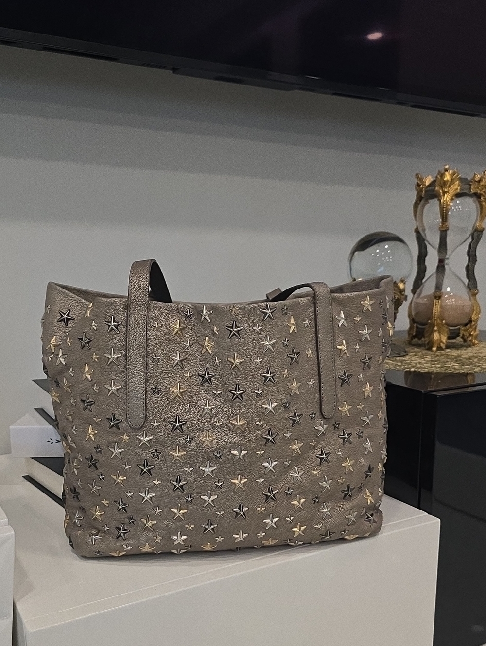 Jimmy Choo Metallic Gold Silver Star-Studded Leather Tote Authentic
